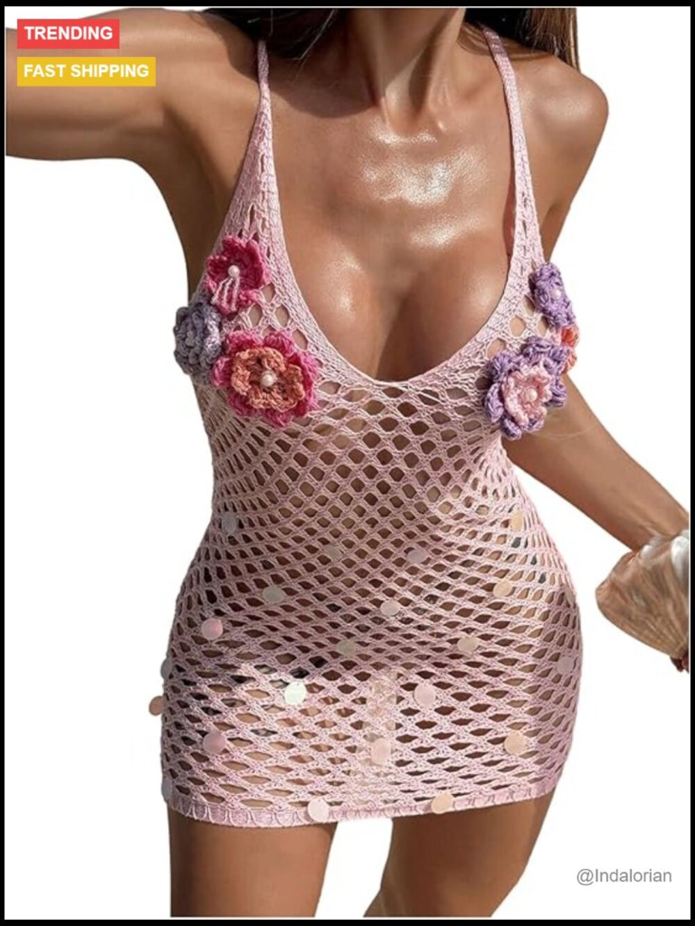 3D Floral Crochet Mini Dress Hollow Out Cami Beachwear Cover-up